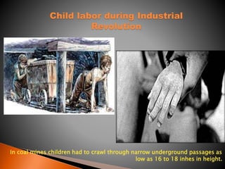Child labor during Industrial 
Revolution 
In coal mines children had to crawl through narrow underground passages as 
low as 16 to 18 inhes in height. 
 