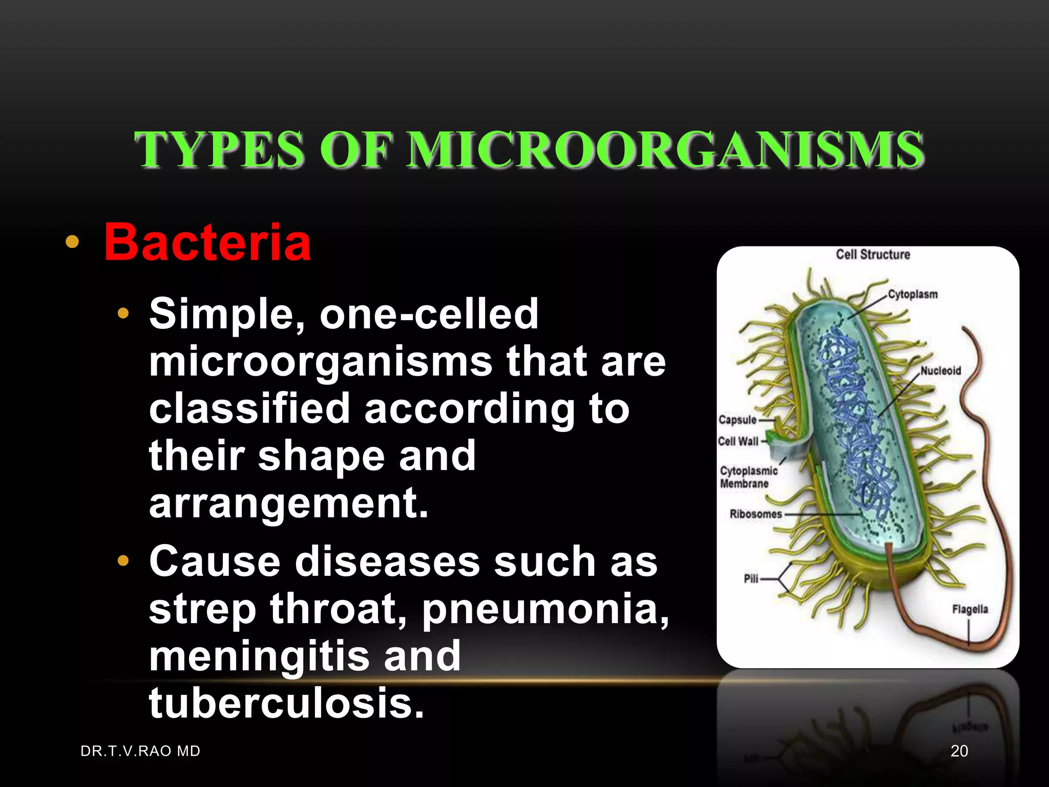 TYPES OF MICROORGANISMS
• Bacteria
   • Simple, one-celled
     microorganisms that are
     classified according to
     their shape and
     arrangement.
   • Cause diseases such as
     strep throat, pneumonia,
     meningitis and
     tuberculosis.
DR.T.V.RAO MD                   20
 
