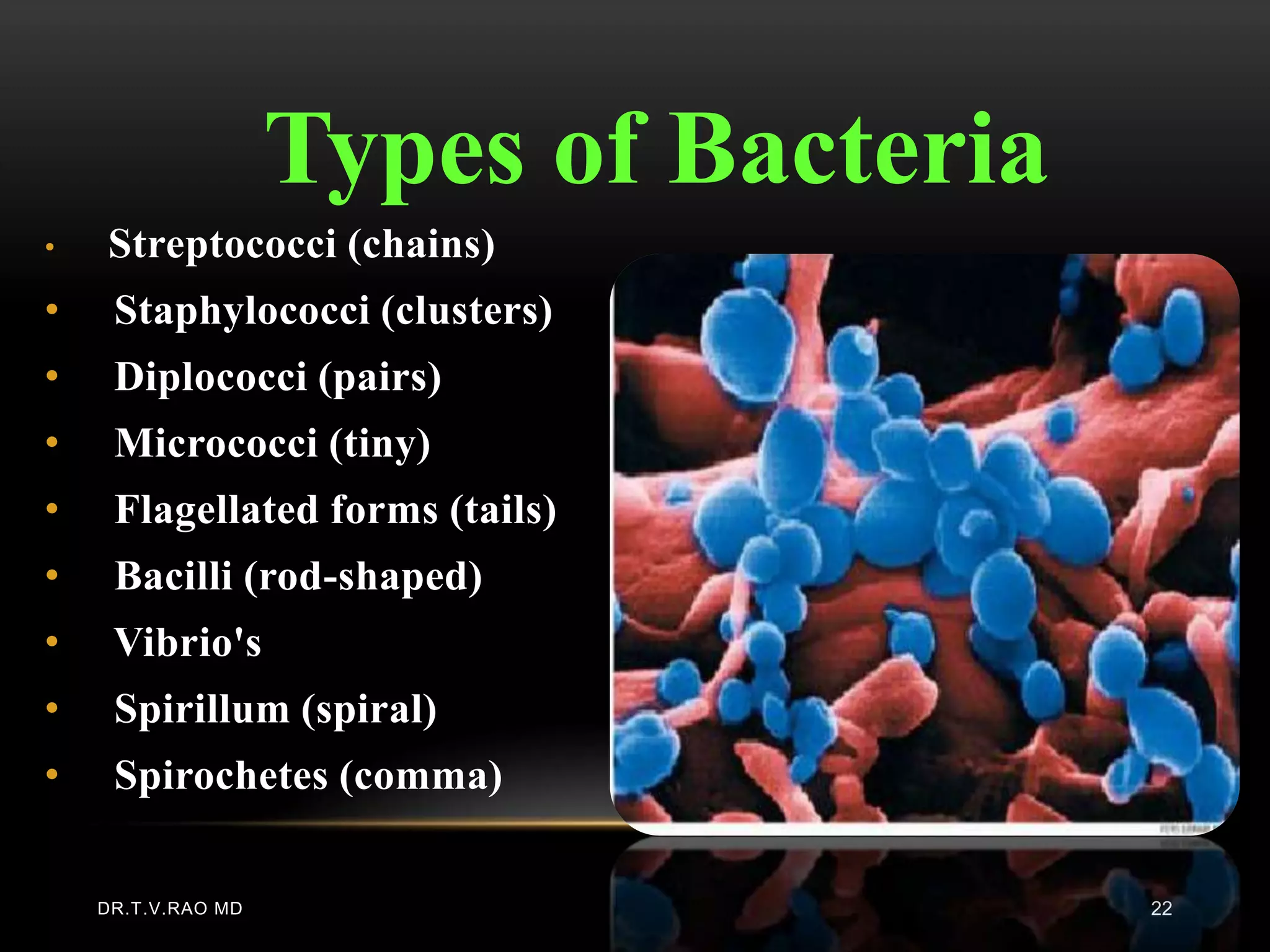 Types of Bacteria
•   Streptococci (chains)
•    Staphylococci (clusters)
•    Diplococci (pairs)
•    Micrococci (tiny)
•    Flagellated forms (tails)
•    Bacilli (rod-shaped)
•    Vibrio's
•    Spirillum (spiral)
•    Spirochetes (comma)

    DR.T.V.RAO MD                       22
 