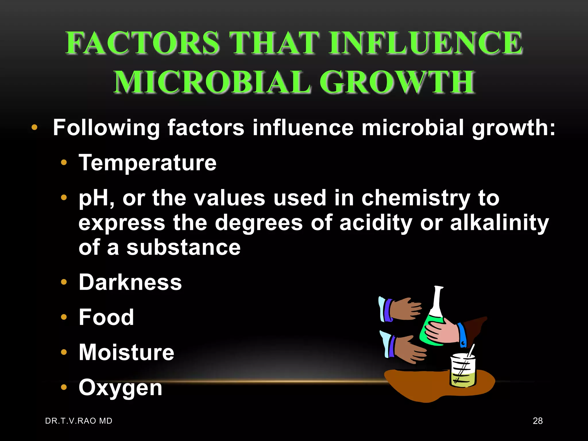 FACTORS THAT INFLUENCE
      MICROBIAL GROWTH
• Following factors influence microbial growth:
   • Temperature
   • pH, or the values used in chemistry to
     express the degrees of acidity or alkalinity
     of a substance
   • Darkness
   • Food
   • Moisture
   • Oxygen
 DR.T.V.RAO MD                                 28
 