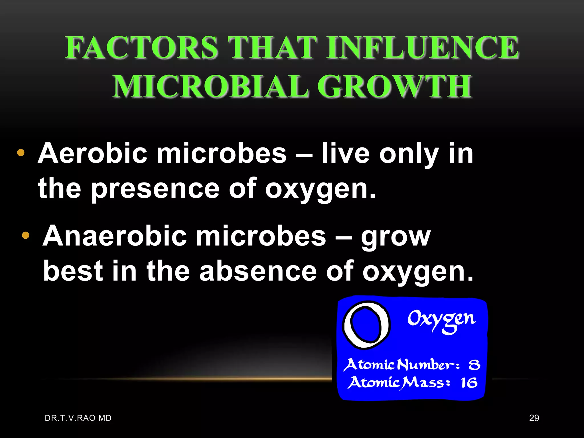 FACTORS THAT INFLUENCE
       MICROBIAL GROWTH

• Aerobic microbes – live only in
  the presence of oxygen.
• Anaerobic microbes – grow
  best in the absence of oxygen .



  DR.T.V.RAO MD                     29
 