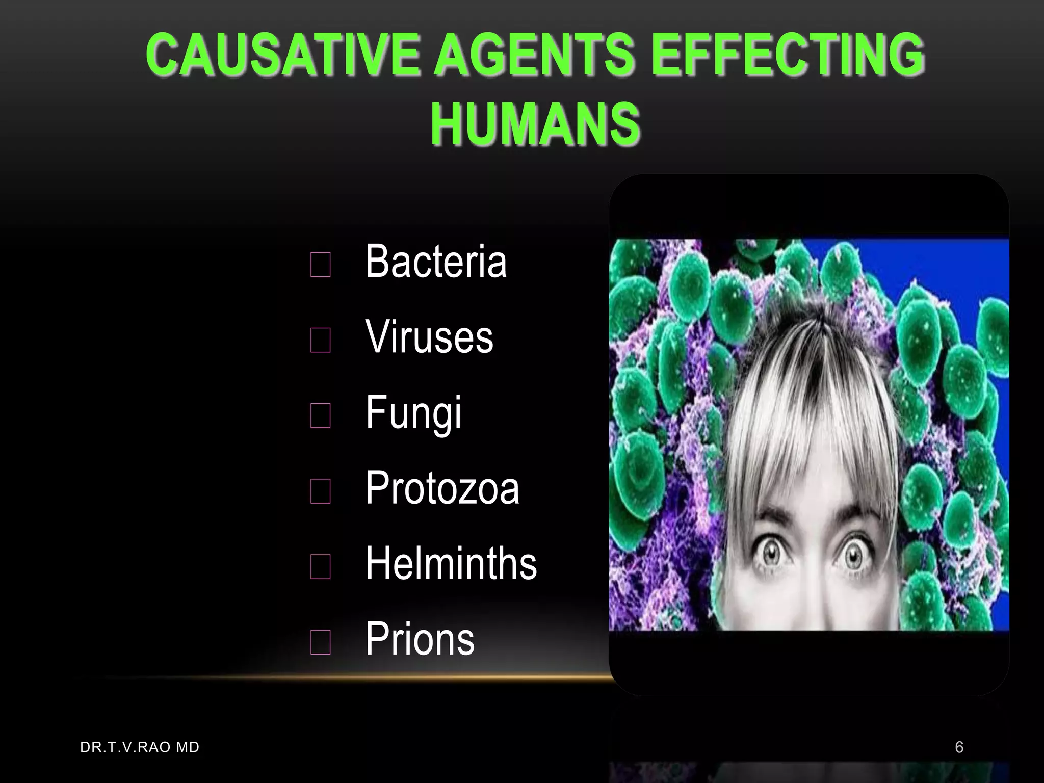 CAUSATIVE AGENTS EFFECTING
                 HUMANS

                 Bacteria
                 Viruses
                 Fungi
                 Protozoa
                 Helminths
                 Prions

DR.T.V.RAO MD                       6
 