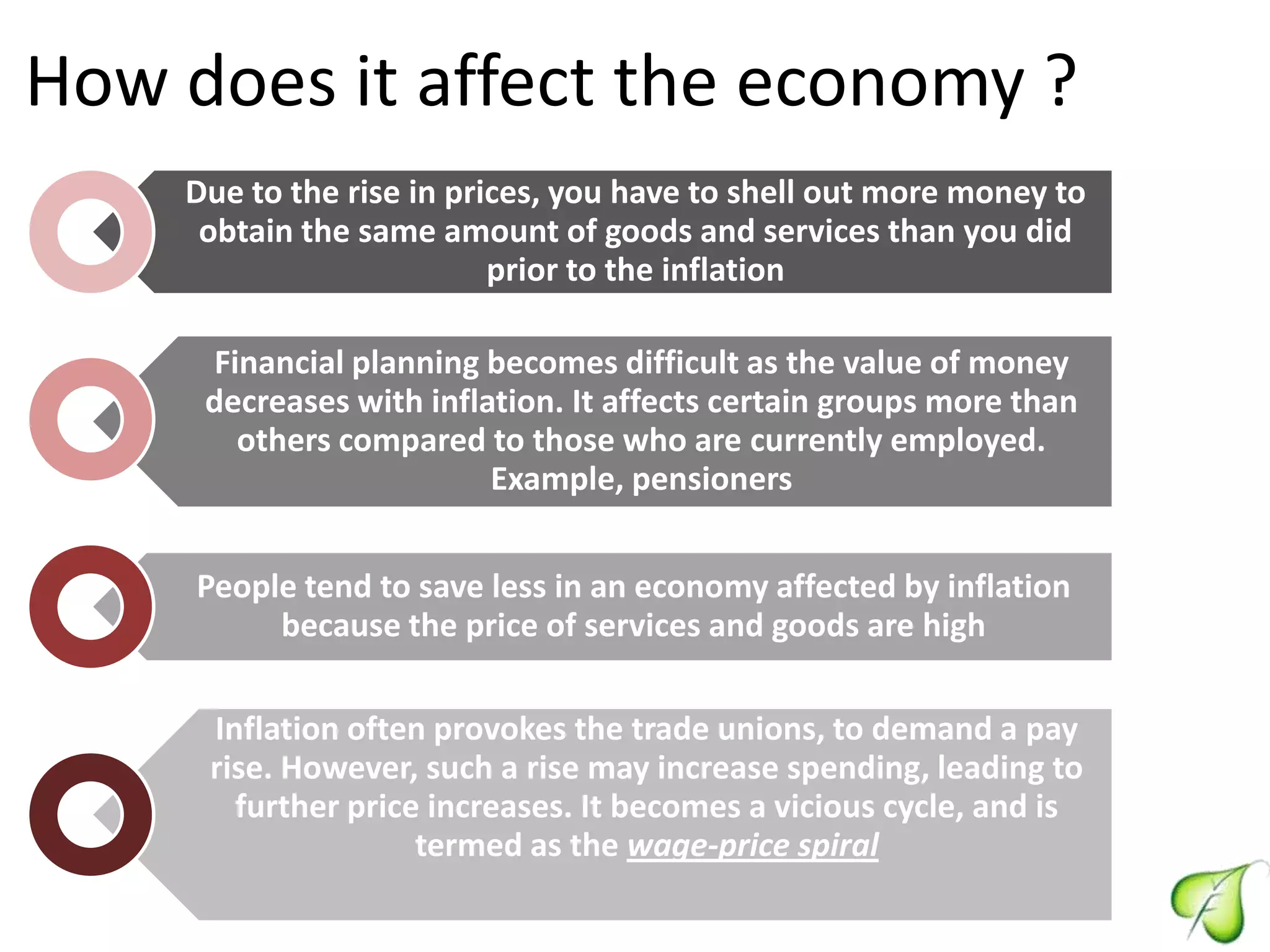 How does it affect the economy ?
Due to the rise in prices, you have to shell out more money to
obtain the same amount of goods and services than you did
prior to the inflation
Financial planning becomes difficult as the value of money
decreases with inflation. It affects certain groups more than
others compared to those who are currently employed.
Example, pensioners
People tend to save less in an economy affected by inflation
because the price of services and goods are high
Inflation often provokes the trade unions, to demand a pay
rise. However, such a rise may increase spending, leading to
further price increases. It becomes a vicious cycle, and is
termed as the wage-price spiral