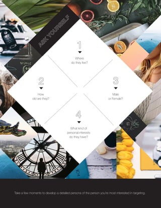 Where
do they live?
How
old are they?
Male
or Female?
What kind of
personal interests
do they have?
Take a few moments to develop a detailed persona of the person you’re most interested in targeting.
 