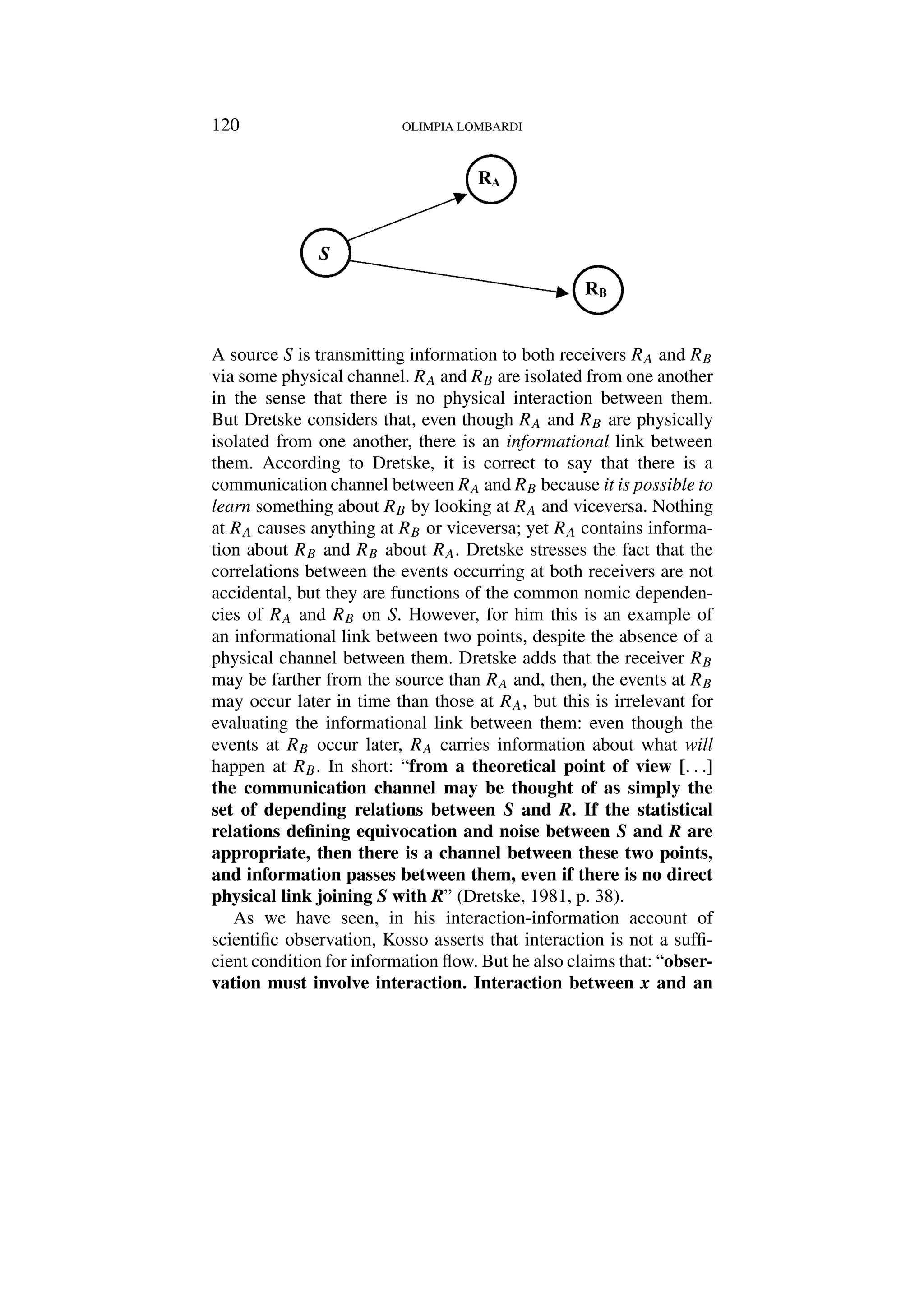 120 OLIMPIA LOMBARDI
A source S is transmitting information to both receivers RA and RB
via some physical channel. RA and RB are isolated from one another
in the sense that there is no physical interaction between them.
But Dretske considers that, even though RA and RB are physically
isolated from one another, there is an informational link between
them. According to Dretske, it is correct to say that there is a
communication channel between RA and RB because it is possible to
learn something about RB by looking at RA and viceversa. Nothing
at RA causes anything at RB or viceversa; yet RA contains informa-
tion about RB and RB about RA. Dretske stresses the fact that the
correlations between the events occurring at both receivers are not
accidental, but they are functions of the common nomic dependen-
cies of RA and RB on S. However, for him this is an example of
an informational link between two points, despite the absence of a
physical channel between them. Dretske adds that the receiver RB
may be farther from the source than RA and, then, the events at RB
may occur later in time than those at RA, but this is irrelevant for
evaluating the informational link between them: even though the
events at RB occur later, RA carries information about what will
happen at RB. In short: “from a theoretical point of view [. . .]
the communication channel may be thought of as simply the
set of depending relations between S and R. If the statistical
relations defining equivocation and noise between S and R are
appropriate, then there is a channel between these two points,
and information passes between them, even if there is no direct
physical link joining S with R” (Dretske, 1981, p. 38).
As we have seen, in his interaction-information account of
scientific observation, Kosso asserts that interaction is not a suffi-
cient condition for information flow. But he also claims that: “obser-
vation must involve interaction. Interaction between x and an
 