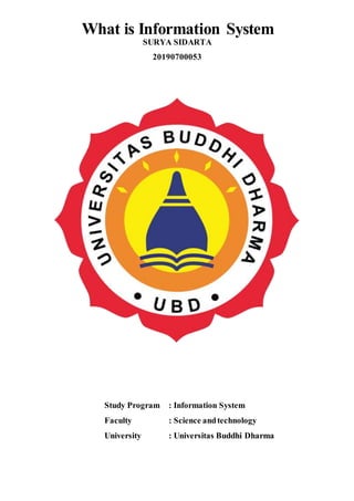 What is Information System
SURYA SIDARTA
20190700053
Study Program : Information System
Faculty : Science andtechnology
University : Universitas Buddhi Dharma
 