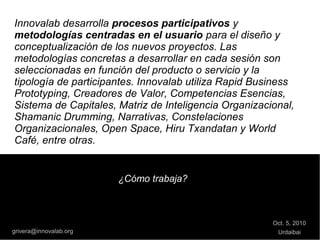Innovalab desarrolla procesos participativos y
metodologías centradas en el usuario para el diseño y
conceptualización de los nuevos proyectos. Las
metodologías concretas a desarrollar en cada sesión son
seleccionadas en función del producto o servicio y la
tipología de participantes. Innovalab utiliza Rapid Business
Prototyping, Creadores de Valor, Competencias Esencias,
Sistema de Capitales, Matriz de Inteligencia Organizacional,
Shamanic Drumming, Narrativas, Constelaciones
Organizacionales, Open Space, Hiru Txandatan y World
Café, entre otras.
Oct. 5, 2010
Urdaibai
¿Cómo trabaja?
grivera@innovalab.org
 