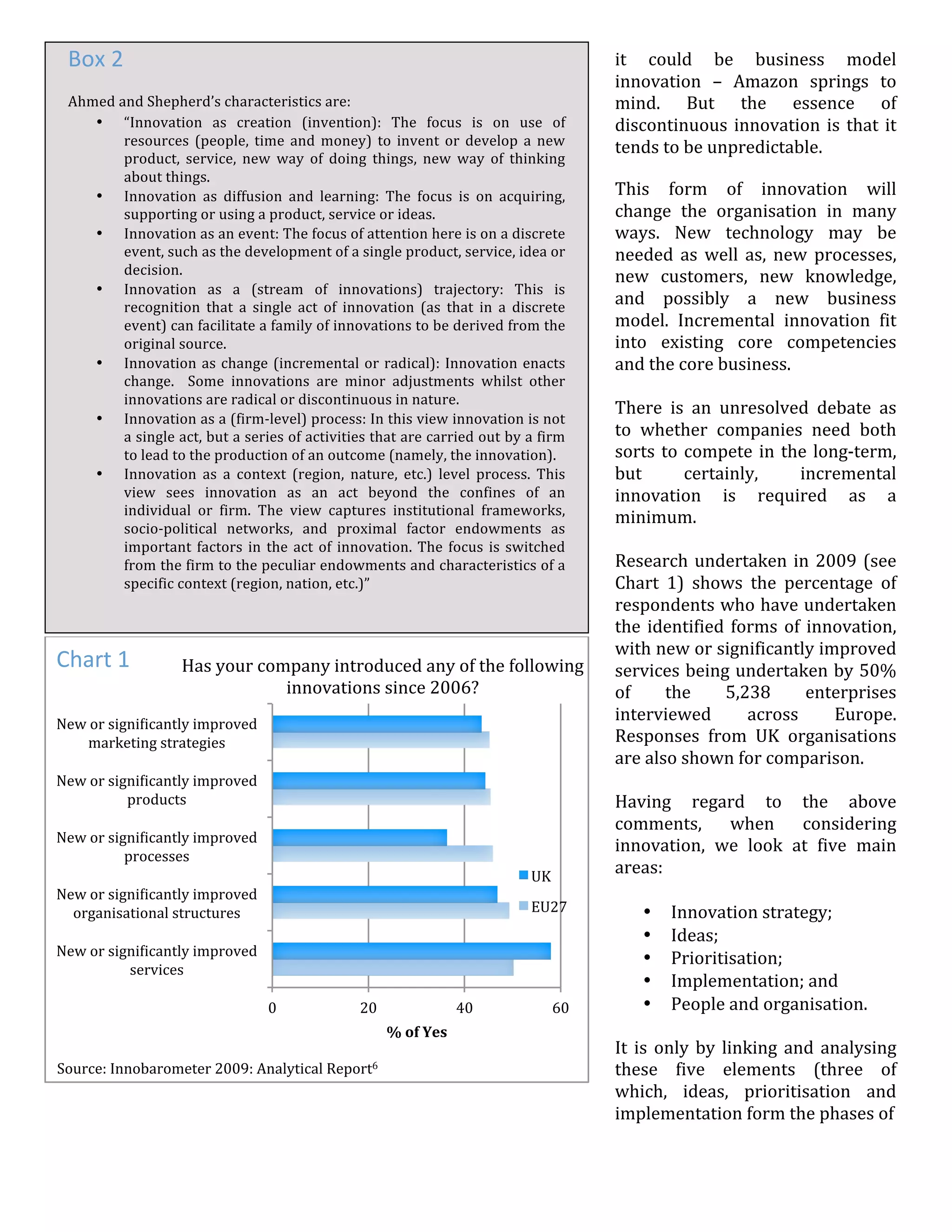 Box	
  2	
                                                                                                                         it	
   could	
   be	
   business	
   model	
  
                                                                                                                                            innovation	
   –	
   Amazon	
   springs	
   to	
  
         Ahmed	
  and	
  Shepherd’s	
  characteristics	
  are:	
                                                                            mind.	
   But	
   the	
   essence	
   of	
  
            • “Innovation	
   as	
   creation	
   (invention):	
   The	
   focus	
   is	
   on	
   use	
   of	
                             discontinuous	
   innovation	
   is	
   that	
   it	
  
                   resources	
   (people,	
   time	
   and	
   money)	
   to	
   invent	
   or	
   develop	
   a	
   new	
                  tends	
  to	
  be	
  unpredictable.	
  	
  
                   product,	
   service,	
   new	
   way	
   of	
   doing	
   things,	
   new	
   way	
   of	
   thinking	
  
                                                                                                                                            	
  
                   about	
  things.	
  
            • Innovation	
   as	
   diffusion	
   and	
   learning:	
   The	
   focus	
   is	
   on	
   acquiring,	
                        This	
   form	
   of	
   innovation	
   will	
  
                   supporting	
  or	
  using	
  a	
  product,	
  service	
  or	
  ideas.	
                                                  change	
   the	
   organisation	
   in	
   many	
  
            • Innovation	
  as	
  an	
  event:	
  The	
  focus	
  of	
  attention	
  here	
  is	
  on	
  a	
  discrete	
                    ways.	
   New	
   technology	
   may	
   be	
  
                   event,	
  such	
  as	
  the	
  development	
  of	
  a	
  single	
  product,	
  service,	
  idea	
  or	
                  needed	
   as	
   well	
   as,	
   new	
   processes,	
  
                   decision.	
                                                                                                              new	
   customers,	
   new	
   knowledge,	
  
            • Innovation	
   as	
   a	
   (stream	
   of	
   innovations)	
   trajectory:	
   This	
   is	
  
                   recognition	
   that	
   a	
   single	
   act	
   of	
   innovation	
   (as	
   that	
   in	
   a	
   discrete	
  
                                                                                                                                            and	
   possibly	
   a	
   new	
   business	
  
                   event)	
   can	
   facilitate	
   a	
   family	
   of	
   innovations	
   to	
   be	
   derived	
   from	
   the	
       model.	
   Incremental	
   innovation	
   fit	
  
                   original	
  source.	
                                                                                                    into	
   existing	
   core	
   competencies	
  
            • Innovation	
   as	
   change	
   (incremental	
   or	
   radical):	
   Innovation	
   enacts	
                                and	
  the	
  core	
  business.	
  	
  
                   change.	
   	
   Some	
   innovations	
   are	
   minor	
   adjustments	
   whilst	
   other	
                           	
  
                   innovations	
  are	
  radical	
  or	
  discontinuous	
  in	
  nature.	
  
                                                                                                                                            There	
   is	
   an	
   unresolved	
   debate	
   as	
  
            • Innovation	
   as	
   a	
   (firm-­‐level)	
   process:	
   In	
   this	
   view	
   innovation	
   is	
   not	
  
                   a	
  single	
  act,	
  but	
  a	
  series	
  of	
  activities	
  that	
  are	
  carried	
  out	
  by	
  a	
  firm	
      to	
   whether	
   companies	
   need	
   both	
  
                   to	
  lead	
  to	
  the	
  production	
  of	
  an	
  outcome	
  (namely,	
  the	
  innovation).	
                        sorts	
   to	
   compete	
   in	
   the	
   long-­‐term,	
  
            • Innovation	
   as	
   a	
   context	
   (region,	
   nature,	
   etc.)	
   level	
   process.	
   This	
                      but	
            certainly,	
               incremental	
  
                       “Vivamus	
  porta	
  
                   view	
   sees	
   innovation	
   as	
   an	
   act	
   beyond	
   the	
   confines	
   of	
   an	
                       innovation	
   is	
   required	
   as	
   a	
  
                           est	
  sed	
  est.”	
  
                   individual	
   or	
   firm.	
   The	
   view	
   captures	
   institutional	
   frameworks,	
  
                   socio-­‐political	
   networks,	
   and	
   proximal	
   factor	
   endowments	
   as	
  
                                                                                                                                            minimum.	
  
                   important	
   factors	
   in	
   the	
   act	
   of	
   innovation.	
   The	
   focus	
   is	
   switched	
              	
  
                   from	
  the	
  firm	
  to	
  the	
  peculiar	
  endowments	
  and	
  characteristics	
  of	
  a	
                        Research	
   undertaken	
   in	
   2009	
   (see	
  
                   specific	
  context	
  (region,	
  nation,	
  etc.)”	
                                                                   Chart	
   1)	
   shows	
   the	
   percentage	
   of	
  
                                                                                                                                            respondents	
  who	
  have	
  undertaken	
  
                                                                                                                                            the	
   identified	
   forms	
   of	
   innovation,	
  
                                                                                                                                            with	
   new	
   or	
   significantly	
   improved	
  
       Chart	
  1	
                  Has	
  your	
  company	
  introduced	
  any	
  of	
  the	
  following	
                                services	
  being	
  undertaken	
  by	
  50%	
  
                                                       innovations	
  since	
  2006?	
                                                      of	
           the	
           5,238	
       enterprises	
  
       New	
  or	
  signikicantly	
  improved	
  
                                                                                                                                            interviewed	
                     across	
         Europe.	
  
            marketing	
  strategies	
                                                                                                       Responses	
   from	
   UK	
   organisations	
  
                                                                                                                                            are	
  also	
  shown	
  for	
  comparison.	
  	
  	
  
       New	
  or	
  signikicantly	
  improved	
                                                                                             	
  
                       products	
                                                                                                           Having	
   regard	
   to	
   the	
   above	
  
                                                                                                                                            comments,	
   when	
   considering	
  
       New	
  or	
  signikicantly	
  improved	
  
                                                                                                                                            innovation,	
   we	
   look	
   at	
   five	
   main	
  
                       processes	
  
                                                                                                                              UK	
  
                                                                                                                                            areas:	
  
       New	
  or	
  signikicantly	
  improved	
                                                                                             	
  
         organisational	
  structures	
                                                                                       EU27	
                • Innovation	
  strategy;	
  
                                                                                                                                                    • Ideas;	
  
       New	
  or	
  signikicantly	
  improved	
  
                                                                                                                                                    • Prioritisation;	
  
                       services	
  
                                                                                                                                                    • Implementation;	
  and	
  
                                                           0	
                     20	
                          40	
              60	
             • People	
  and	
  organisation.	
  
                                                                                            %	
  of	
  Yes	
                                	
  
                                                                                                                                            It	
   is	
   only	
   by	
   linking	
   and	
   analysing	
  
       Source:	
  Innobarometer	
  2009:	
  Analytical	
  Report6	
                                                                         these	
   five	
   elements	
   (three	
   of	
  
                                                                                                                                            which,	
   ideas,	
   prioritisation	
   and	
  
                                                                                                                                            implementation	
  form	
  the	
  phases	
  of	
  
	
  
	
  
 