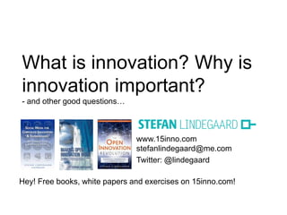 www.15inno.com
stefanlindegaard@me.com
Twitter: @lindegaard
Hey! Free books, white papers and exercises on 15inno.com!
What is innovation? Why is
innovation important?
- and other good questions…
 