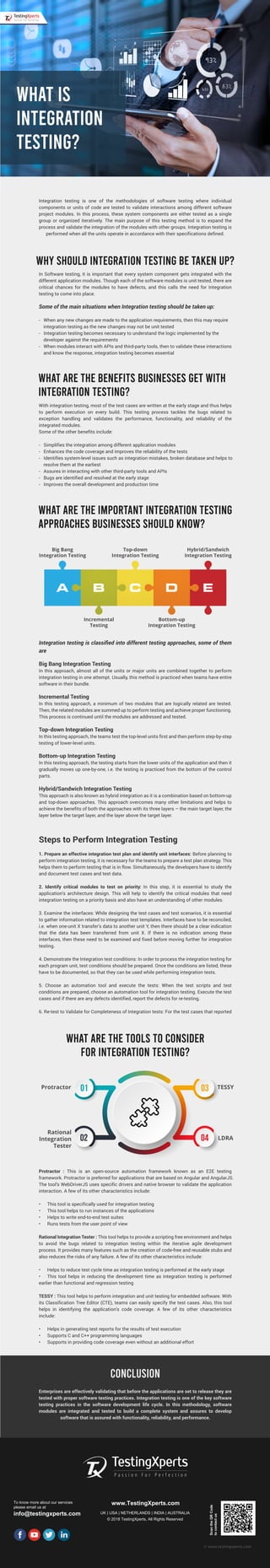 Integration testing is one of the methodologies of software testing where individual
components or units of code are tested to validate interactions among different software
project modules. In this process, these system components are either tested as a single
group or organized iteratively. The main purpose of this testing method is to expand the
process and validate the integration of the modules with other groups. Integration testing is
performed when all the units operate in accordance with their specifications defined.
In Software testing, it is important that every system component gets integrated with the
different application modules. Though each of the software modules is unit tested, there are
critical chances for the modules to have defects, and this calls the need for Integration
testing to come into place.
Some of the main situations when Integration testing should be taken up:
- When any new changes are made to the application requirements, then this may require
integration testing as the new changes may not be unit tested
- Integration testing becomes necessary to understand the logic implemented by the
developer against the requirements
- When modules interact with APIs and third-party tools, then to validate these interactions
and know the response, integration testing becomes essential
To know more about our services
please email us at
info@testingxperts.com
www.TestingXperts.com
UK | USA | NETHERLANDS | INDIA | AUSTRALIA
© 2018 TestingXperts, All Rights Reserved
ScantheQRCode
tocontactus
© www.testingxperts.com
WHY SHOULD INTEGRATION TESTING BE TAKEN UP?
With integration testing, most of the test cases are written at the early stage and thus helps
to perform execution on every build. This testing process tackles the bugs related to
exception handling and validates the performance, functionality, and reliability of the
integrated modules.
Some of the other benefits include:
- Simplifies the integration among different application modules
- Enhances the code coverage and improves the reliability of the tests
- Identifies system-level issues such as integration mistakes, broken database and helps to
resolve them at the earliest
- Assures in interacting with other third-party tools and APIs
- Bugs are identified and resolved at the early stage
- Improves the overall development and production time
Integration testing is classiﬁed into different testing approaches, some of them
are
Big Bang Integration Testing
In this approach, almost all of the units or major units are combined together to perform
integration testing in one attempt. Usually, this method is practiced when teams have entire
software in their bundle.
Incremental Testing
In this testing approach, a minimum of two modules that are logically related are tested.
Then, the related modules are summed up to perform testing and achieve proper functioning.
This process is continued until the modules are addressed and tested.
Top-down Integration Testing
In this testing approach, the teams test the top-level units first and then perform step-by-step
testing of lower-level units.
Bottom-up Integration Testing
In this testing approach, the testing starts from the lower units of the application and then it
gradually moves up one-by-one, i.e. the testing is practiced from the bottom of the control
parts.
Hybrid/Sandwich Integration Testing
This approach is also known as hybrid integration as it is a combination based on bottom-up
and top-down approaches. This approach overcomes many other limitations and helps to
achieve the benefits of both the approaches with its three layers – the main target layer, the
layer below the target layer, and the layer above the target layer.
Steps to Perform Integration Testing
1. Prepare an effective integration test plan and identify unit interfaces: Before planning to
perform integration testing, it is necessary for the teams to prepare a test plan strategy. This
helps them to perform testing that is in flow. Simultaneously, the developers have to identify
and document test cases and test data.
2. Identify critical modules to test on priority: In this step, it is essential to study the
application’s architecture design. This will help to identify the critical modules that need
integration testing on a priority basis and also have an understanding of other modules.
3. Examine the interfaces: While designing the test cases and test scenarios, it is essential
to gather information related to integration test templates. Interfaces have to be reconciled,
i.e. when one-unit X transfer’s data to another unit Y, then there should be a clear indication
that the data has been transferred from unit X. If there is no indication among these
interfaces, then these need to be examined and fixed before moving further for integration
testing.
4. Demonstrate the Integration test conditions: In order to process the integration testing for
each program unit, test conditions should be prepared. Once the conditions are listed, these
have to be documented, so that they can be used while performing integration tests.
5. Choose an automation tool and execute the tests: When the test scripts and test
conditions are prepared, choose an automation tool for integration testing. Execute the test
cases and if there are any defects identified, report the defects for re-testing.
6. Re-test to Validate for Completeness of Integration tests: For the test cases that reported
Protractor : This is an open-source automation framework known as an E2E testing
framework. Protractor is preferred for applications that are based on Angular and AngularJS.
The tool’s WebDriverJS uses specific drivers and native browser to validate the application
interaction. A few of its other characteristics include:
• This tool is specifically used for integration testing
• This tool helps to run instances of the applications
• Helps to write end-to-end test suites
• Runs tests from the user point of view
Rational Integration Tester : This tool helps to provide a scripting free environment and helps
to avoid the bugs related to integration testing within the iterative agile development
process. It provides many features such as the creation of code-free and reusable stubs and
also reduces the risks of any failure. A few of its other characteristics include:
• Helps to reduce test cycle time as integration testing is performed at the early stage
• This tool helps in reducing the development time as integration testing is performed
earlier than functional and regression testing
TESSY : This tool helps to perform integration and unit testing for embedded software. With
its Classification Tree Editor (CTE), teams can easily specify the test cases. Also, this tool
helps in identifying the application’s code coverage. A few of its other characteristics
include:
• Helps in generating test reports for the results of test execution
• Supports C and C++ programming languages
• Supports in providing code coverage even without an additional effort
WHAT ARE THE BENEFITS BUSINESSES GET WITH
INTEGRATION TESTING?
WHAT ARE THE IMPORTANT INTEGRATION TESTING
APPROACHES BUSINESSES SHOULD KNOW?
WHAT ARE THE TOOLS TO CONSIDER
FOR INTEGRATION TESTING?
WHAT IS
INTEGRATION
TESTING?
Big Bang
Integration Testing
Top-down
Integration Testing
Hybrid/Sandwich
Integration Testing
Incremental
Testing
Bottom-up
Integration Testing
Protractor TESSY
Rational
Integration
Tester
LDRA
CONCLUSION
Enterprises are effectively validating that before the applications are set to release they are
tested with proper software testing practices. Integration testing is one of the key software
testing practices in the software development life cycle. In this methodology, software
modules are integrated and tested to build a complete system and assures to develop
software that is assured with functionality, reliability, and performance.
 