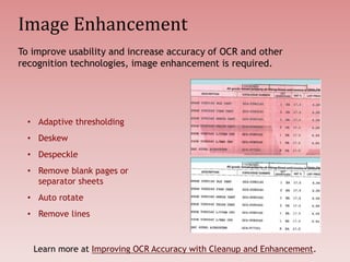 Image Enhancement
• Adaptive thresholding
• Deskew
• Despeckle
• Remove blank pages or
separator sheets
• Auto rotate
• Remove lines
To improve usability and increase accuracy of OCR and other
recognition technologies, image enhancement is required.
Learn more at Improving OCR Accuracy with Cleanup and Enhancement.
 