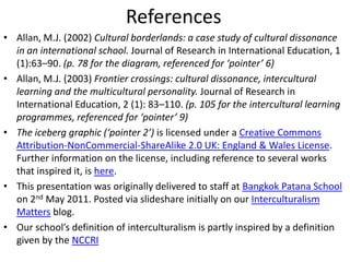 References<br />Allan, M.J. (2002) Cultural borderlands: a case study of cultural dissonance in an international school. J...