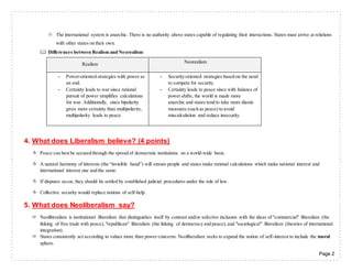 Page 2
 The international system is anarchic. There is no authority above states capable of regulating their interactions. States must arrive at relations
with other states on their own.
 Differences between Realism and Neorealism
Realism Neorealism
- Power-oriented strategies with power as
an end.
- Certainty leads to war since rational
pursuit of power simplifies calculations
for war. Additionally, since bipolarity
gives more certainty than multipolarity,
multipolarity leads to peace.
- Security-oriented strategies based on the need
to compete for security.
- Certainty leads to peace since with balance of
power shifts, the world is made more
anarchic and states tend to take more diastic
measures (such as peace) to avoid
miscalculation and reduce insecurity.
4. What does Liberalism believe? (4 points)
 Peace can best be secured through the spread of democratic institutions on a world-wide basis.
 A natural harmony of interests (the “invisible hand”) will ensure people and states make rational calculations which make national interest and
international interest one and the same.
 If disputes occur, they should be settled by established judicial procedures under the rule of law.
 Collective security would replace notions of self-help.
5. What does Neoliberalism say?
 Neoliberalism is institutional liberalism that distinguishes itself by contrast and/or selective inclusion with the ideas of "commercial" liberalism (the
linking of free trade with peace),"republican" liberalism (the linking of democracy and peace),and "sociological" liberalism (theories of international
integration).
 States consistently act according to values more than power concerns. Neoliberalism seeks to expand the notion of self-interest to include the moral
sphere.
 