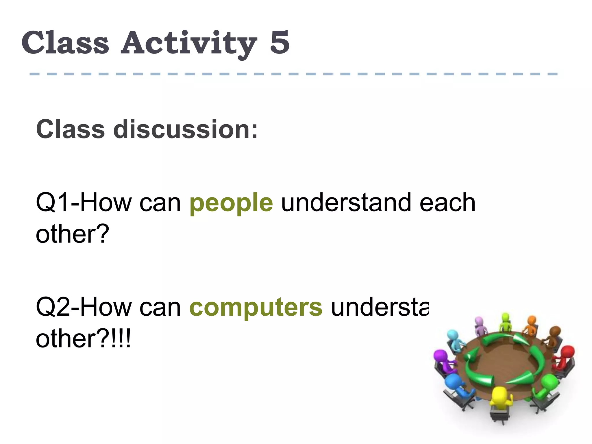 Class Activity 5
Class discussion:
Q1-How can people understand each
other?
Q2-How can computers understand each
other?!!!
 