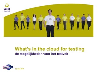 What’s in the cloud for testing
de mogelijkheden voor het testvak



12 mei 2010
 