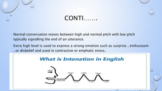 CONTI…….
Normal conversation moves between high and normal pitch with low pitch
typically signalling the end of an utterance.
Extra high level is used to express a strong emotion such as surprise , enthusiasm
, or disbelief and used in contrastive or emphatic stress.
 