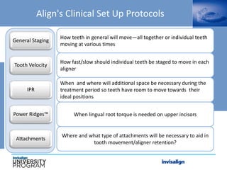 How teeth in general will move—all together or individual teeth
moving at various times
Align's Clinical Set Up Protocols
General Staging
Tooth Velocity
IPR
Attachments
How fast/slow should individual teeth be staged to move in each
aligner
When and where will additional space be necessary during the
treatment period so teeth have room to move towards their
ideal positions
Where and what type of attachments will be necessary to aid in
tooth movement/aligner retention?
Power Ridges™ When lingual root torque is needed on upper incisors
 