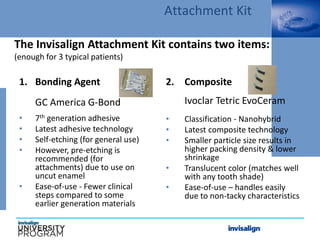 2. Composite
Ivoclar Tetric EvoCeram
• Classification - Nanohybrid
• Latest composite technology
• Smaller particle size results in
higher packing density & lower
shrinkage
• Translucent color (matches well
with any tooth shade)
• Ease-of-use – handles easily
due to non-tacky characteristics
1. Bonding Agent
GC America G-Bond
• 7th generation adhesive
• Latest adhesive technology
• Self-etching (for general use)
• However, pre-etching is
recommended (for
attachments) due to use on
uncut enamel
• Ease-of-use - Fewer clinical
steps compared to some
earlier generation materials
The Invisalign Attachment Kit contains two items:
(enough for 3 typical patients)
Attachment Kit
 
