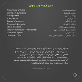 Rheumatoid arthritis

Schnitzler's Syndrome

Schizophrenia

Scleroderma

Sjögren's Syndrome

Trigeminal Neuralgia

Spinal Disorders

Temporomandibular joint disorder

Transverse Myelitis

Ulcerative Colitis
‫ﻣﻔﺼﻠﯽ‬ ‫
روﻣﺎﺗﯿﺴﻢ‬
‫ﺷﻨﯿﺘﺴﻠﺮ‬ ‫
ﺳﻨﺪرم‬
‫
رواﻧﮕﺴﯿﺨﺘﮕﯽ‬
‫
اﺳﮑﻠﺮودرﻣﯽ‬
‫ﺷﻮﮔﺮن‬ ‫
ﺳﻨﺪرم‬
‫ﺗﺮﯾﮋﻣﯿﻨﺎل‬ ‫
ﻧﻮراﻟﮋی‬
‫ﻓﻘﺮات‬ ‫ﺳﺘﻮن‬ ‫ﻧﻈﻤﯽ‬ ‫
ﺑﯽ‬
‫ﻓﮑﯽ‬ ‫ﮔﯿﺠﮕﺎﻫﯽ‬ ‫ﻣﻔﺼﻞ‬ ‫
اﺧﺘﻠﺎل‬
‫ﻋﺮﺿﯽ‬ ‫
ﻣﯿﻠﯿﺖ‬
‫روده‬ ‫التهابی‬ ‫بیماری‬ ‫یا‬ ‫زخمی‬ ‫کولیت‬
‫مشکلات‬ .‫است‬ ‫نامرئی‬ ‫‌های‬
‫ی‬‫ناتوان‬ ‫از‬ ‫دیگری‬ ‫دسته‬ ‫نشستن‬ ‫در‬ ‫ناتوانی‬
‫مشکل‬ ‫که‬ ‫کسانی‬ .‫‌شوند‬
‫ی‬‫م‬ ‫ایجاد‬ ‫مزمن‬ ‫درد‬ ‫کمر‬ ‫دلیل‬ ‫به‬ ‫معمولًا‬ ‫
نشستن‬
‫برخی‬ ‫در‬ ‫است‬ ‫ممکن‬ ،‫دارند‬ ‫کمر‬ ‫ناحیه‬ ‫در‬ ‫مزمن‬ ‫‌های‬
‫د‬‫در‬ ‫یا‬ ‫
مفصلی‬
.‫نکنند‬ ‫استفاده‬ (mobility aids) ‫کمکی‬ ‫وسایل‬ ‫از‬ ‫کلی‬ ‫طور‬ ‫به‬ ‫یا‬ ‫
روزها‬
،‫ببینند‬ ‫مشاهده‬ ‫قابل‬ ‫روشی‬ ‫به‬ ‫را‬ ‫‌ها‬
‫ی‬‫ناتوان‬ ‫از‬ ‫شواهدی‬ ‫نتوانند‬ ‫‌ها‬
‫م‬‫آد‬ ‫
اگر‬
.‫نشوند‬ ‫‌توانی‬
‫م‬‫ک‬ ‫مسئله‬ ‫علت‬ ‫متوجه‬ ‫است‬ ‫ممکن‬
»

«
disabled-world.com
‫پنهان‬ ‌
‫ی‬‫ناتوان‬ ‫راﯾﺞ‬ ‫اﻧﻮاع‬
 