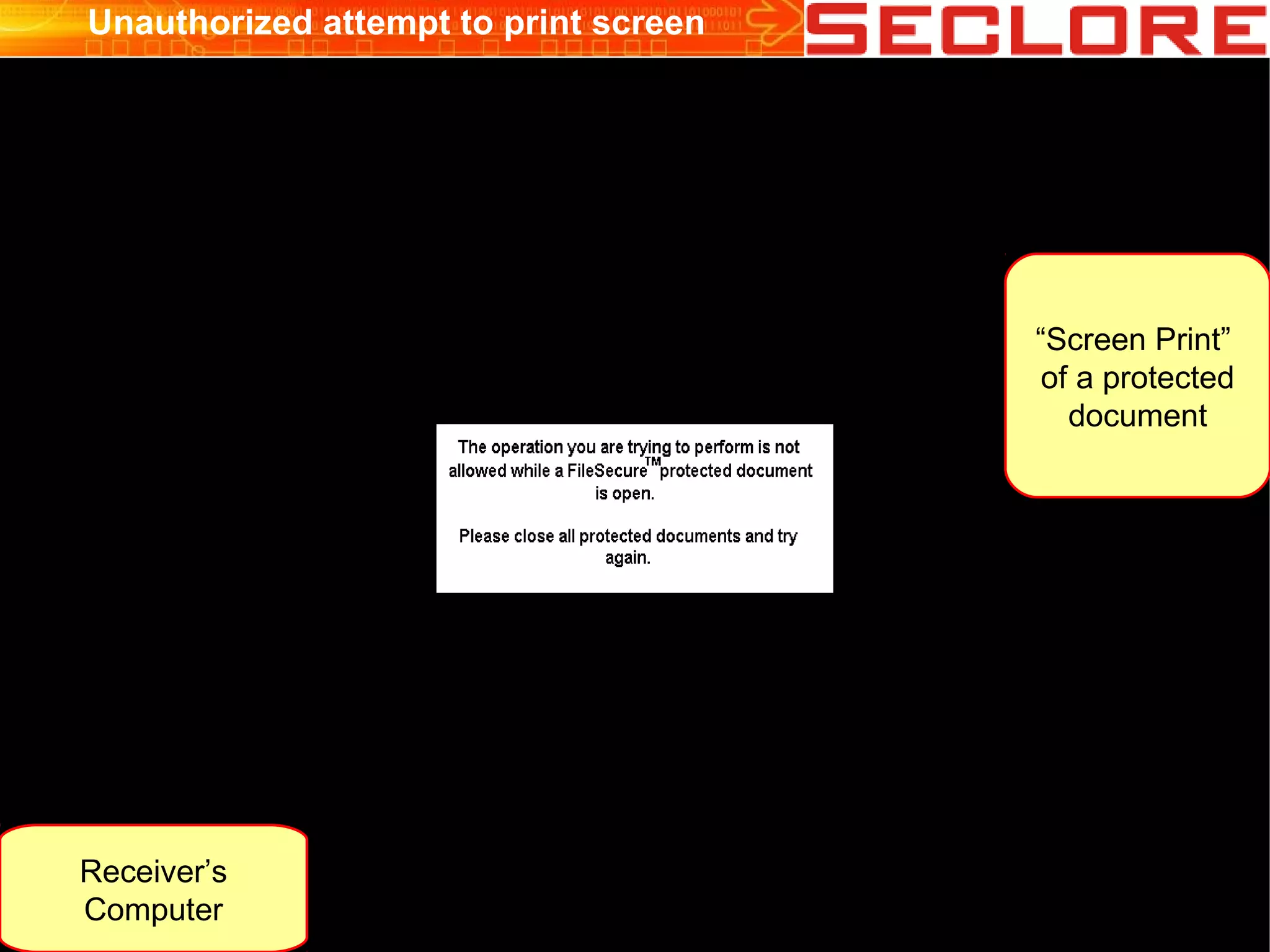 “Screen Print”
of a protected
document
Unauthorized attempt to print screen
Receiver’s
Computer
 