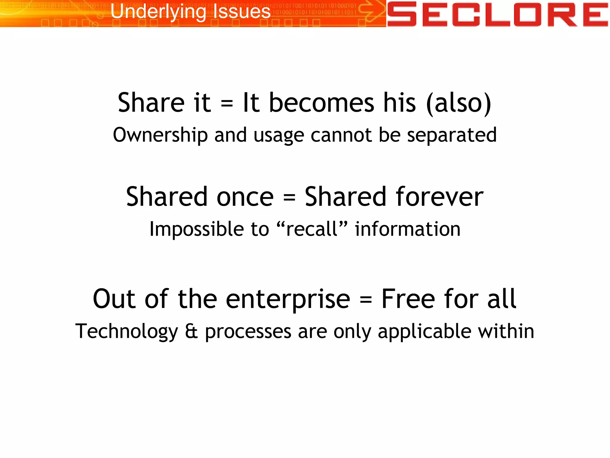 Underlying Issues
Share it = It becomes his (also)
Ownership and usage cannot be separated
Shared once = Shared forever
Impossible to “recall” information
Out of the enterprise = Free for all
Technology & processes are only applicable within
 