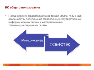 ИС общего пользования
•  Постановление Правительства от 18 мая 2009 г. №424 «Об
особенностях подключения федеральных государственных
информационных систем к информационно-
телекоммуникационным сетям»
Минкомсвязь
ФСБ/ФСТЭК
 