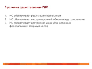 3 условия существования ГИС
1.  ИС обеспечивает реализацию полномочий
2.  ИС обеспечивает информационный обмен между госорганами
3.  ИС обеспечивает достижение иных установленных
федеральными законами целей
 