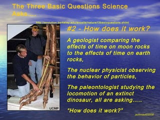 The Three Basic Questions Science
Asks….
      http://evolution.berkeley.edu/evosite/nature/I3basicquestions.shtml

                            #2 - How does it work?
                            A geologist comparing the
                            effects of time on moon rocks
                            to the effects of time on earth
                            rocks,
                            The nuclear physicist observing
                            the behavior of particles,
                            The paleontologist studying the
                            locomotion of an extinct
                            dinosaur, all are asking…..
                            “How does it work?”
                                                                            jschmied©2008
 
