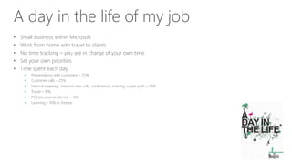 A day in the life of my job
• Small business within Microsoft
• Work from home with travel to clients
• No time tracking – you are in charge of your own time
• Set your own priorities
• Time spent each day:
• Presentations with customers – 25%
• Customer calls – 25%
• Internal meetings, internal sales calls, conferences, training, career path – 20%
• Travel – 10%
• POCs/customer demos – 10%
• Learning – 10% to forever
 