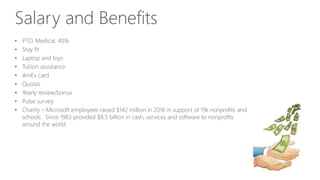 Salary and Benefits
• PTO, Medical, 401k
• Stay fit
• Laptop and toys
• Tuition assistance
• AmEx card
• Quotas
• Yearly review/bonus
• Pulse survey
• Charity – Microsoft employees raised $142 million in 2016 in support of 19k nonprofits and
schools. Since 1983 provided $8.5 billion in cash, services and software to nonprofits
around the world
 