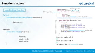 `
https://www.edureka.co/java-j2ee-soa-trainingEDUREKA JAVA CERTIFICATION TRAINING
Syntax:
modifier returnType methodName(parameters)
{
Statements…
}
Example:
public static int add(int a, int b)
{
int result;
result = a + b;
return result;
}
Functions in Java
User Defined Function
defining function
function parameters
function return value
function call
output
 