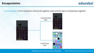 `
https://www.edureka.co/java-j2ee-soa-trainingEDUREKA JAVA CERTIFICATION TRAINING
Encapsulation
➢ Encapsulation is the mechanism that binds together code and the data it manipulates together.
Authorized
User
Unauthorized
User
 