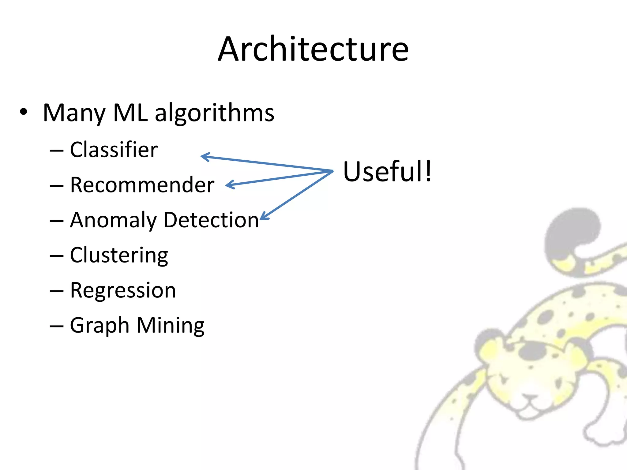 Architecture
• Many ML algorithms
– Classifier
– Recommender
– Anomaly Detection
– Clustering
– Regression
– Graph Mining
Useful!
 