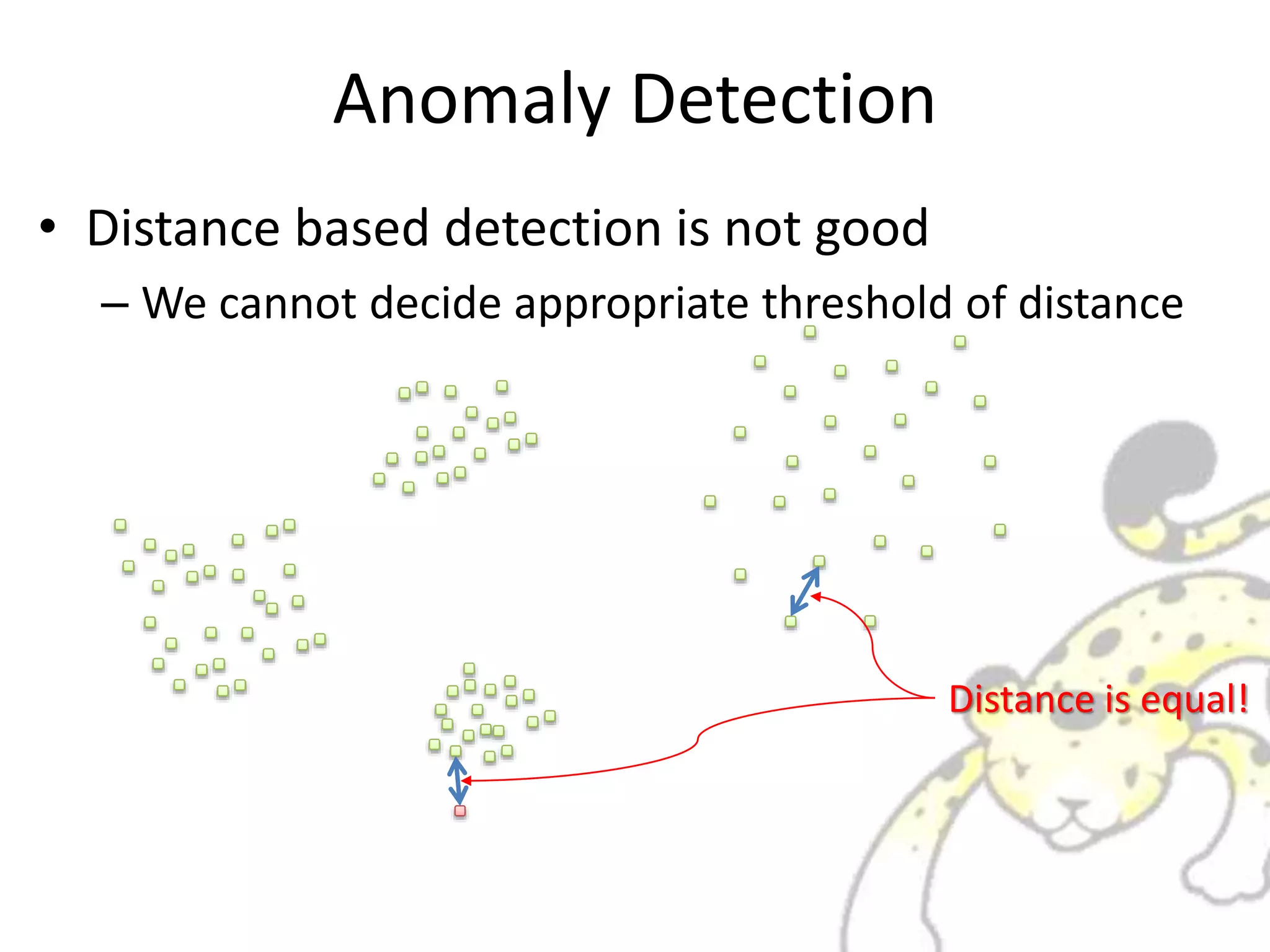 Anomaly Detection
• Distance based detection is not good
– We cannot decide appropriate threshold of distance
Distance is equal!
 