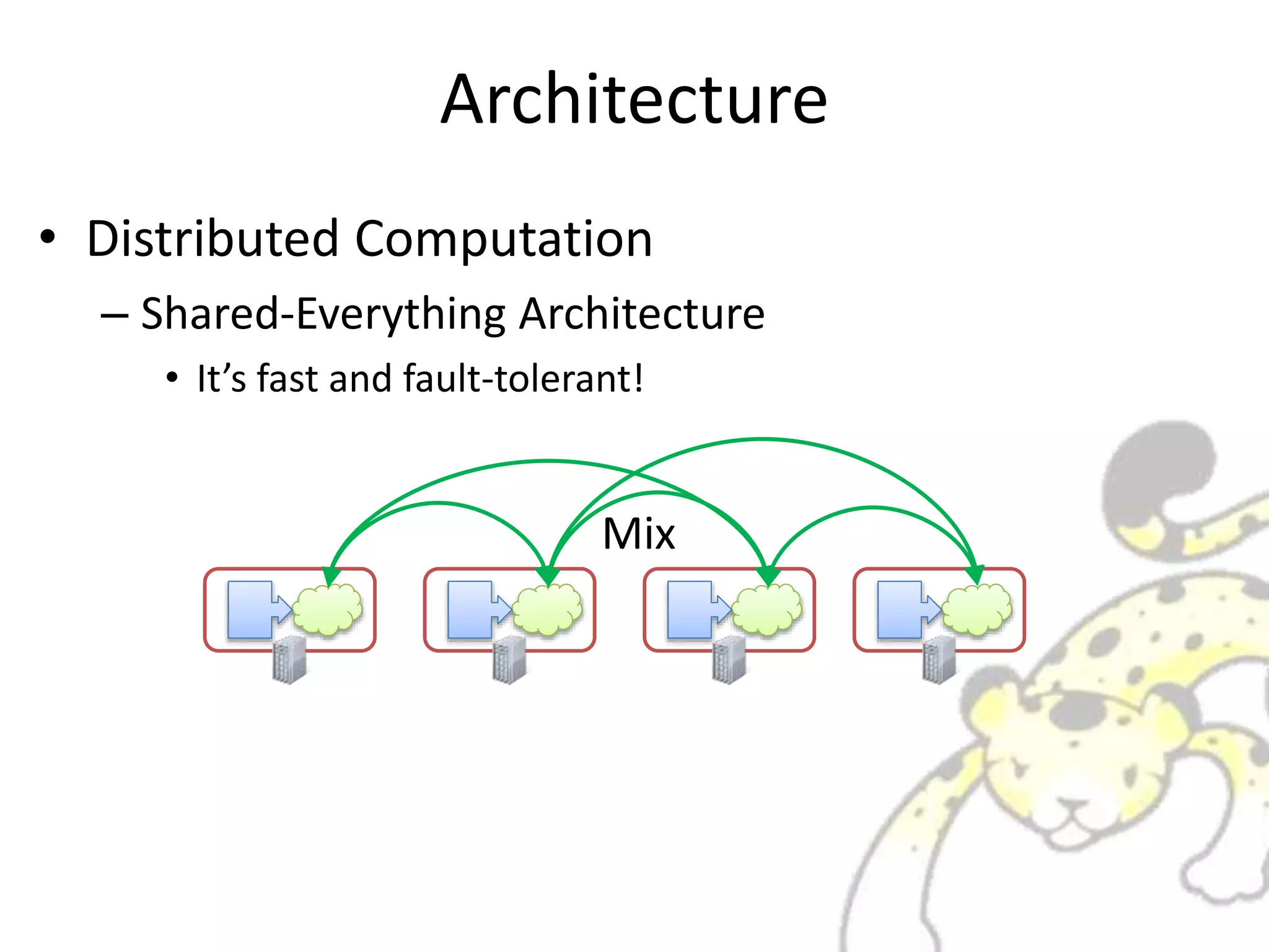 Architecture
• Distributed Computation
– Shared-Everything Architecture
• It’s fast and fault-tolerant!
Mix
 