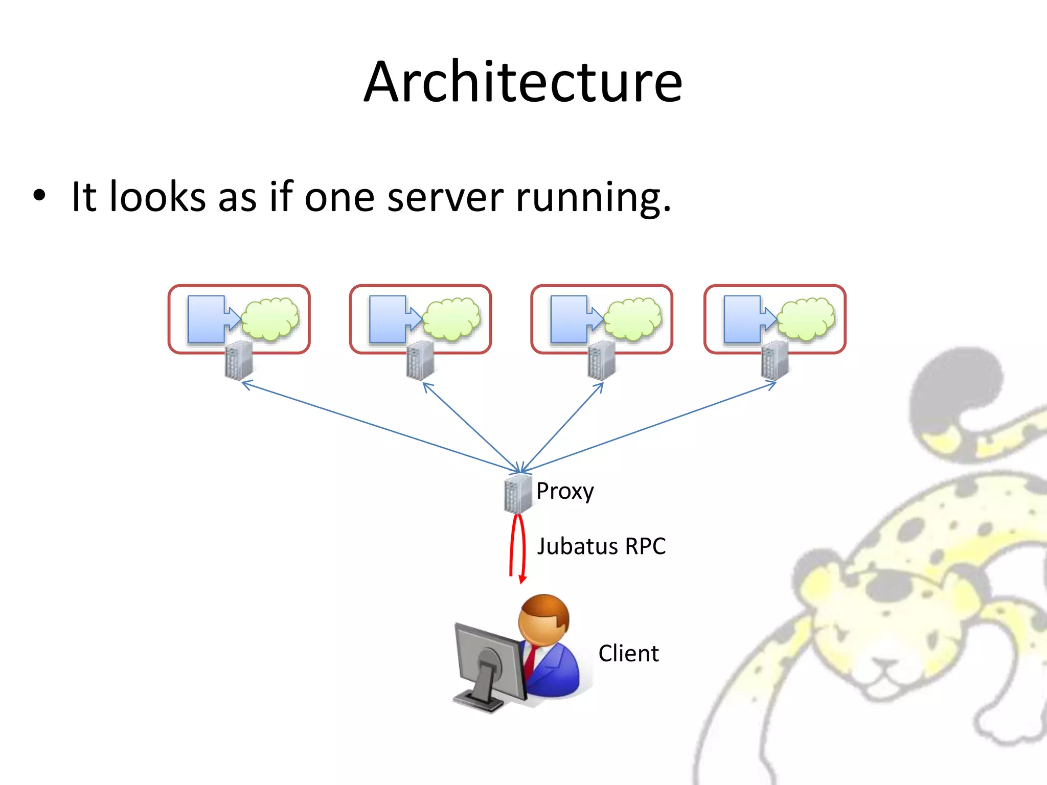 Architecture
• It looks as if one server running.
Client
Jubatus RPC
Proxy
 