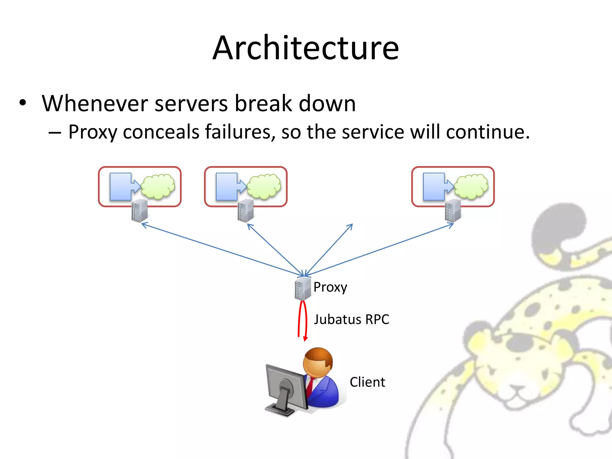 Architecture
• Whenever servers break down
– Proxy conceals failures, so the service will continue.
Client
Jubatus RPC
Proxy
 