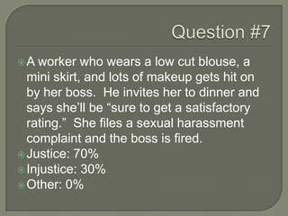 A worker who wears a low cut blouse, a
mini skirt, and lots of makeup gets hit on
by her boss. He invites her to dinner and
says she’ll be “sure to get a satisfactory
rating.” She files a sexual harassment
complaint and the boss is fired.
Justice: 70%
Injustice: 30%
Other: 0%
 