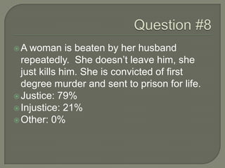 A woman is beaten by her husband
repeatedly. She doesn’t leave him, she
just kills him. She is convicted of first
degree murder and sent to prison for life.
Justice: 79%
Injustice: 21%
Other: 0%
 