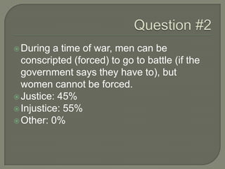 During a time of war, men can be
conscripted (forced) to go to battle (if the
government says they have to), but
women cannot be forced.
Justice: 45%
Injustice: 55%
Other: 0%
 
