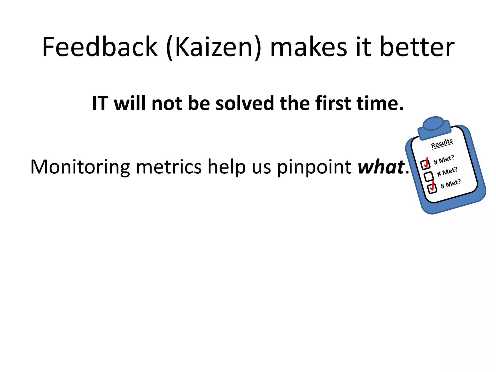 Feedback (Kaizen) makes it better
IT will not be solved the first time.
Monitoring metrics help us pinpoint what.
 