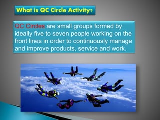 What is QC Circle Activity?
QC Circles are small groups formed by
ideally five to seven people working on the
front lines in order to continuously manage
and improve products, service and work.
 