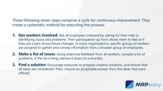 These following seven steps comprise a cycle for continuous improvement. They
create a systematic method for executing the process:
1. Get workers involved: Get all employees onboard by asking for their help in
identifying issues and problems. Their participation up front allows them to feel as if
they are a part of any future changes. In many organizations, specific groups of workers
are assigned to gather and convey information from a broader group of employees.
2. Make a list of issues: Using extensive feedback from all workers, compile a list of
problems. If the list is long, narrow it down to a shortlist.
3. Find a solution: Encourage everyone to propose creative solutions, and ensure that
all ideas are considered. Then, choose an acceptable answer from the ideas that were
offered.
 