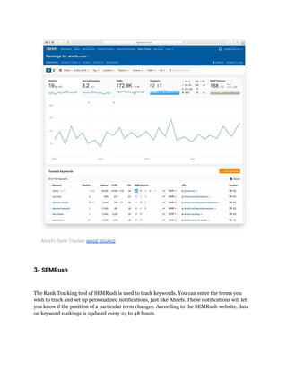 Ahrefs Rank Tracker IMAGE SOURCE
3- SEMRush
The Rank Tracking tool of SEMRush is used to track keywords. You can enter the...