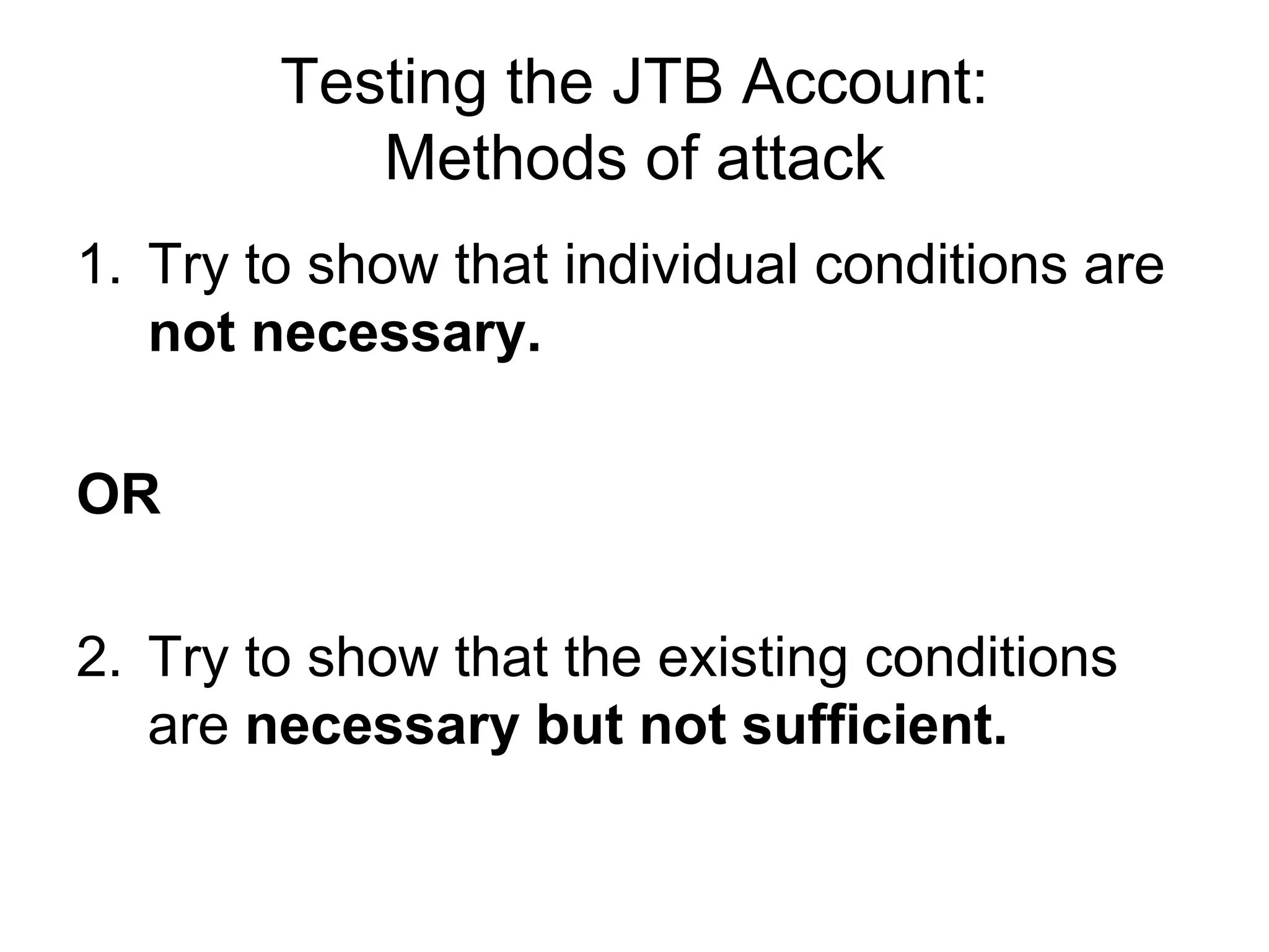 Testing the JTB Account:
Methods of attack
1. Try to show that individual conditions are
not necessary.
OR
2. Try to show that the existing conditions
are necessary but not sufficient.
 