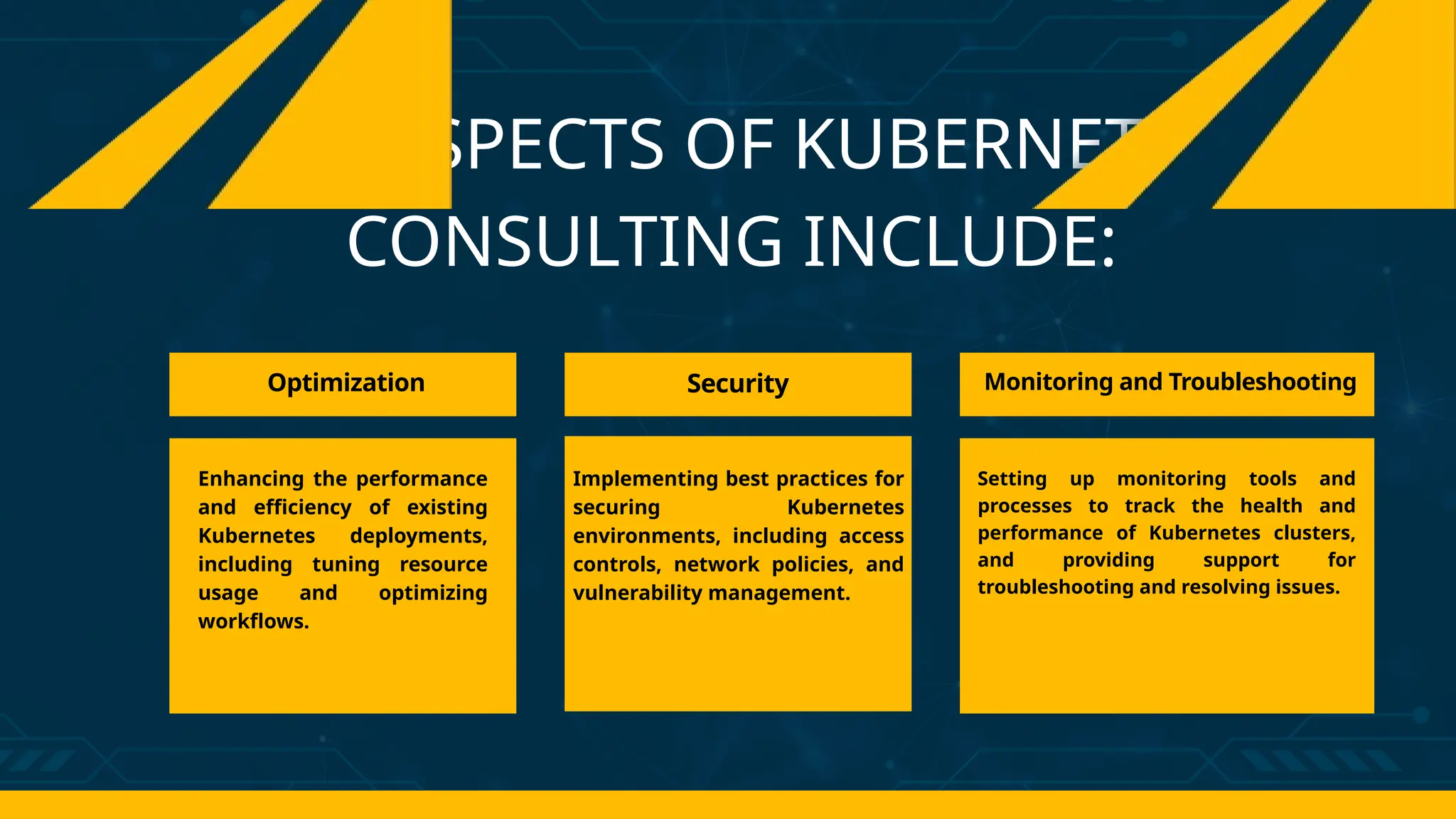 KEY ASPECTS OF KUBERNETES
CONSULTING INCLUDE:
Enhancing the performance
and efficiency of existing
Kubernetes deployments,
including tuning resource
usage and optimizing
workflows.
Implementing best practices for
securing Kubernetes
environments, including access
controls, network policies, and
vulnerability management.
Optimization Security
Setting up monitoring tools and
processes to track the health and
performance of Kubernetes clusters,
and providing support for
troubleshooting and resolving issues.
Monitoring and Troubleshooting
 