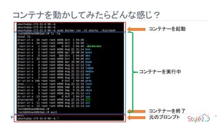 コンテナを動かしてみたらどんな感じ？
44
コンテナーを起動
コンテナーを実行中
コンテナーを終了
元のプロンプト
 