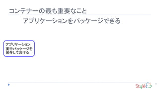 コンテナーの最も重要なこと
48
アプリケーション
実行パッケージを
保存しておける
アプリケーションをパッケージできる
 