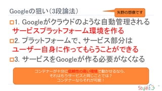 Googleの狙い（3段論法）
83
1. Googleがクラウドのような自動管理される
サービスプラットフォーム環境を作る
2. プラットフォームで、サービス部分は
ユーザー自身に作ってもらうことができる
3. サービスをGoogleが作る必要がなくなる
コンテナーが十分に信頼性の高い環境で動かせるなら、
それはもうサービスと同じことでは？
コンテナーならそれが可能！
矢野の想像です
 