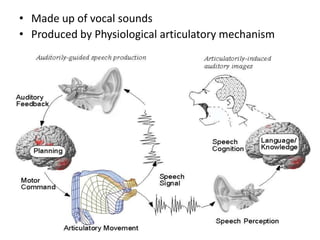 • Made up of vocal sounds
• Produced by Physiological articulatory mechanism
 